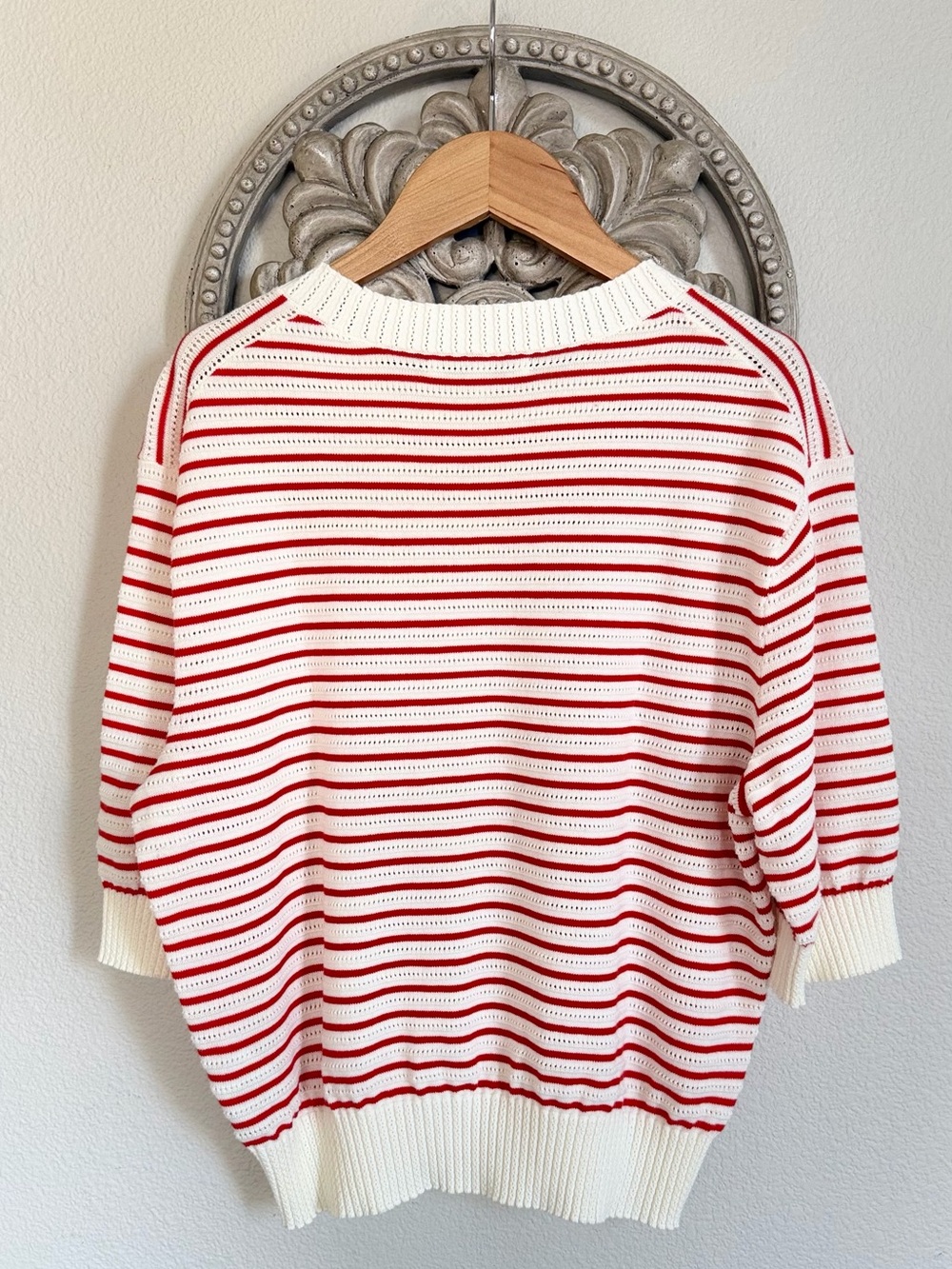 Madewell Bright Red and Cream Striped Short Sleeve Crew Sweater - M - Picture 2 of 7
